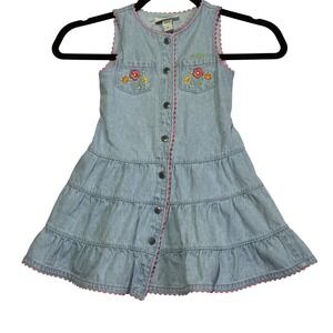Vintage Oshkosh Girls Sleeveless Denim Dress‎ Size 4 Embroidered Tiered Summer